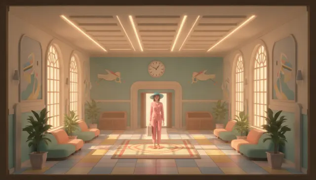 Wes Anderson look sample - Pastel Symmetric Cinema - contemporary