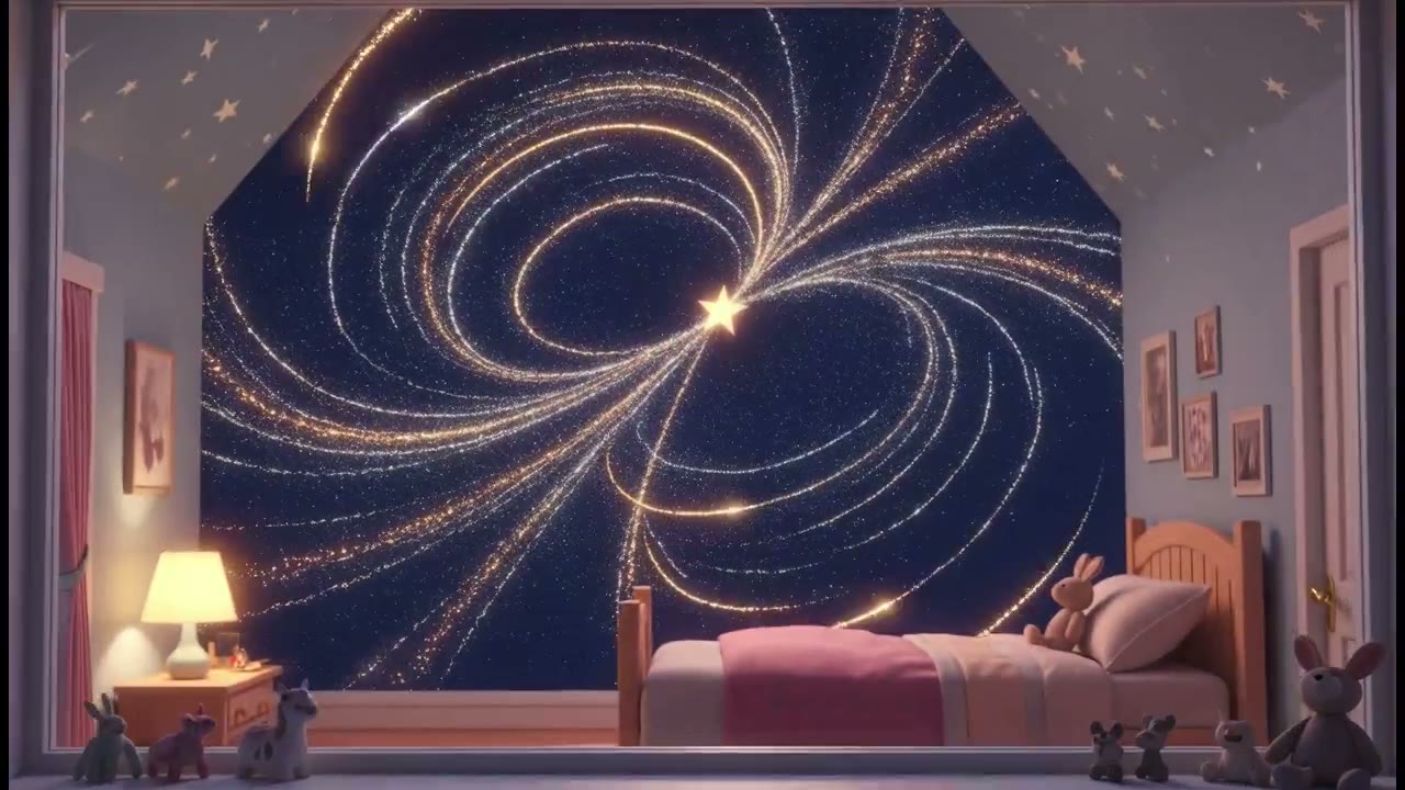 A child's bedroom at night with the whole far wall open to space, gold and silver star trails spiralling around one bright star, soft toys along the sill.